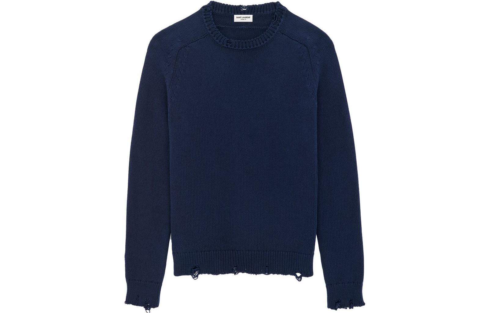 Order SAINT LAURENT  Navy Distressed Knit Crewneck Sweater. 604798YALO24240