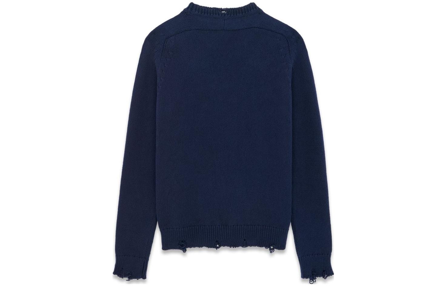 Lookbook SAINT LAURENT  Navy Distressed Knit Crewneck Sweater. 604798YALO24240