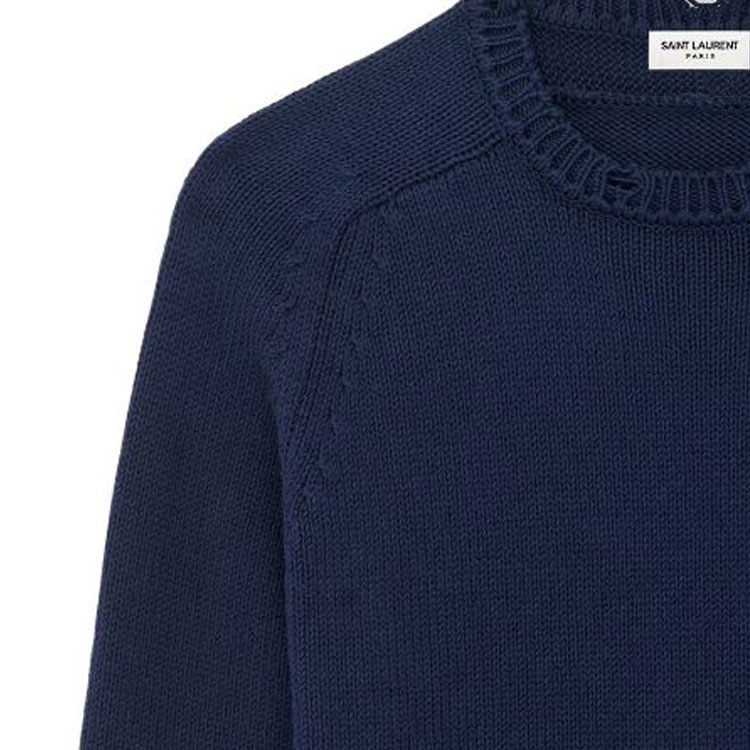 Shop SAINT LAURENT  Navy Distressed Knit Crewneck Sweater. 604798YALO24240