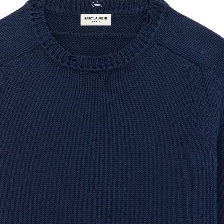 Purchase SAINT LAURENT  Navy Distressed Knit Crewneck Sweater. 604798YALO24240