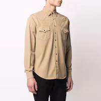 Shop SAINT LAURENT Solid Color Button-Up Long Sleeve Shirt Brown 597059Y27BB9241
