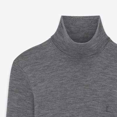 SAINT LAURENT Solid High-Neck Pullover Sweater in Ash Gray. 752477-Y37LS-1206 Purchase SAINT LAURENT Solid High-Neck Pullover Sweater in Ash Gray. 752477-Y37LS-1206