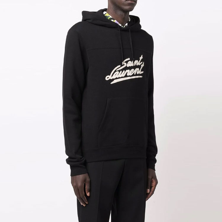 Shop Saint Laurent Black Hoodie with Logo Print and Drawstring. 677263YBVB21095