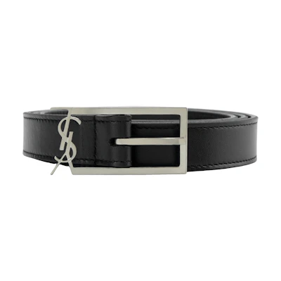 SAINT LAURENT Black Leather Logo Belt Unisex Couple Style 2cm. 7117902R20E1000
