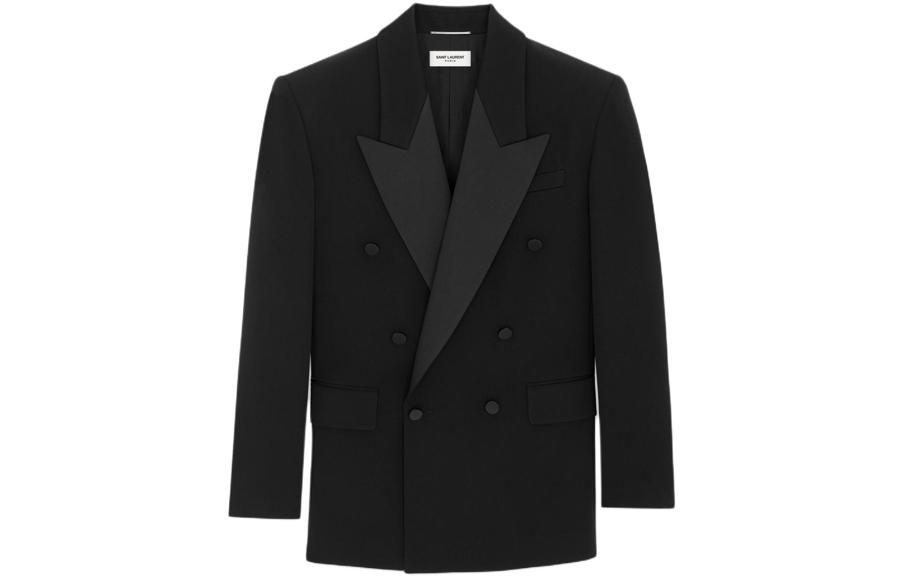 Saint Laurent Black Satin Peak Lapel Double-Breasted Blazer Jacket 774989Y7E631000