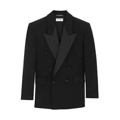 Saint Laurent Black Satin Peak Lapel Double-Breasted Blazer Jacket 774989Y7E631000