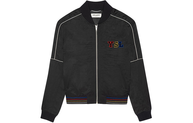 SAINT LAURENT Black Satin Zip Jacket with Letter Print 668461Y1C311000