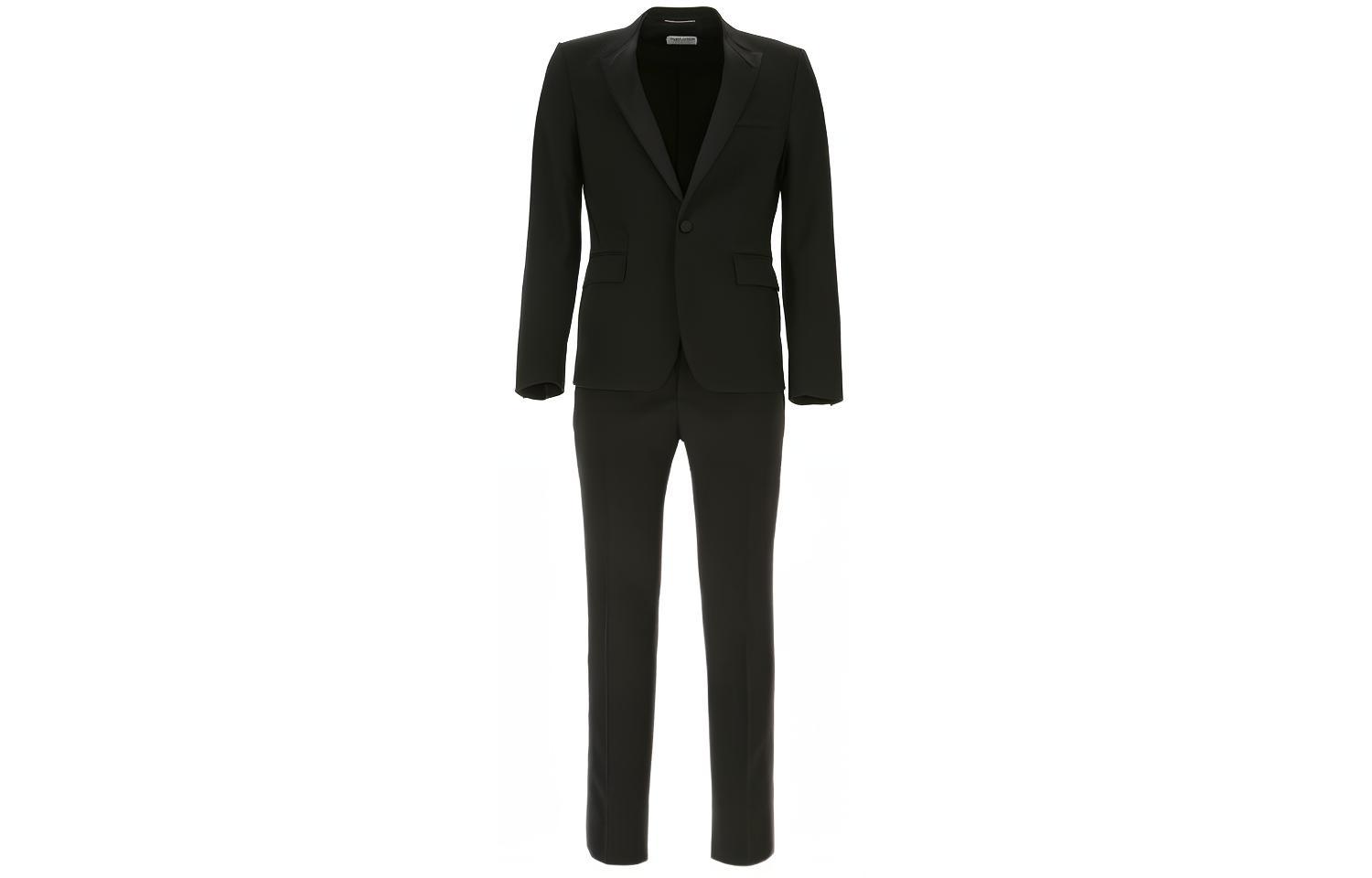 Saint Laurent Black Wool Tuxedo Suit with Satin Trim Details. 615987Y512W1000