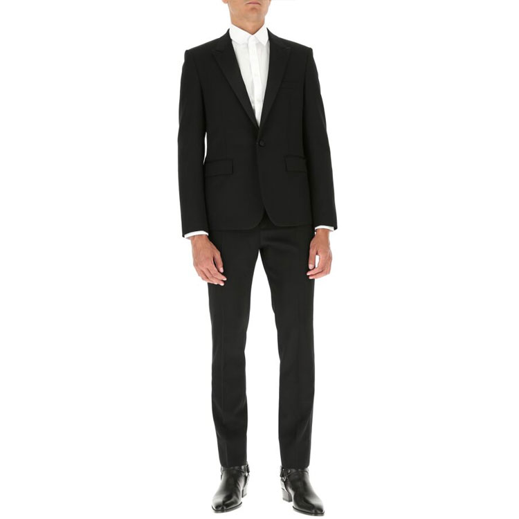 Shop Saint Laurent Jas Tuxedo Wol Hitam dengan Detail Trim Satin. 615987Y512W1000
