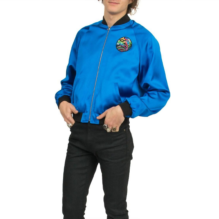 Shop Saint Laurent Blue Silk Shark Patch Long Sleeve Jacket 455582Y469W4068