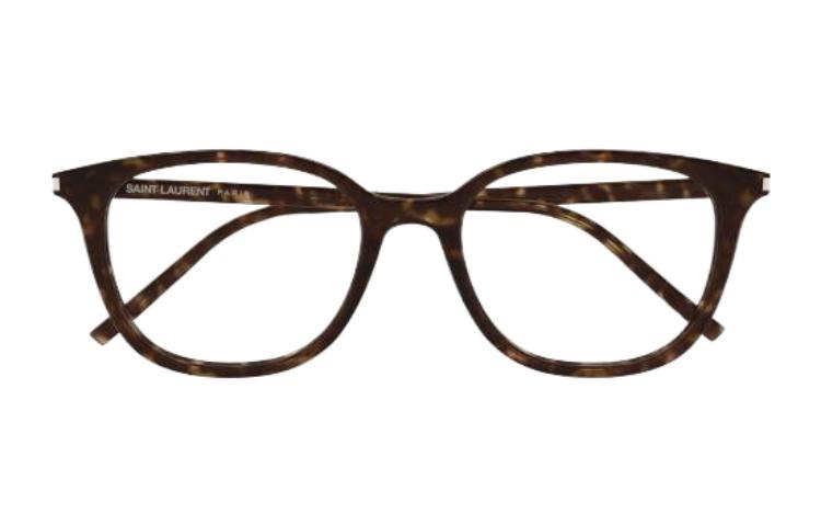 Lookbook SAINT LAURENT Brown Irregular Optical Glasses with Patterned Temples for Men. SL644F002