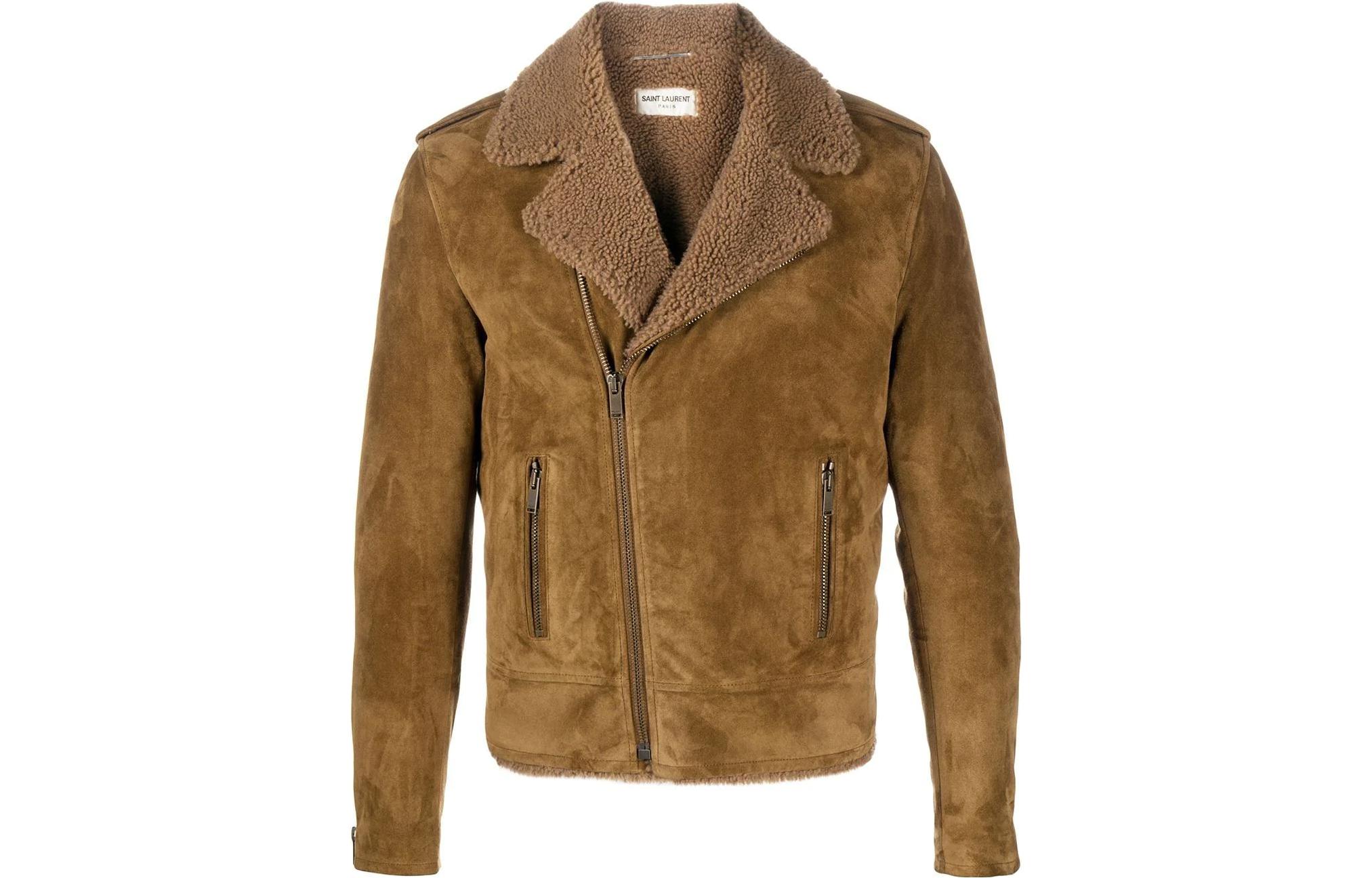Saint Laurent Brown Shearling Collar Leather Zip-Up Jacket 625111YC2YP2124