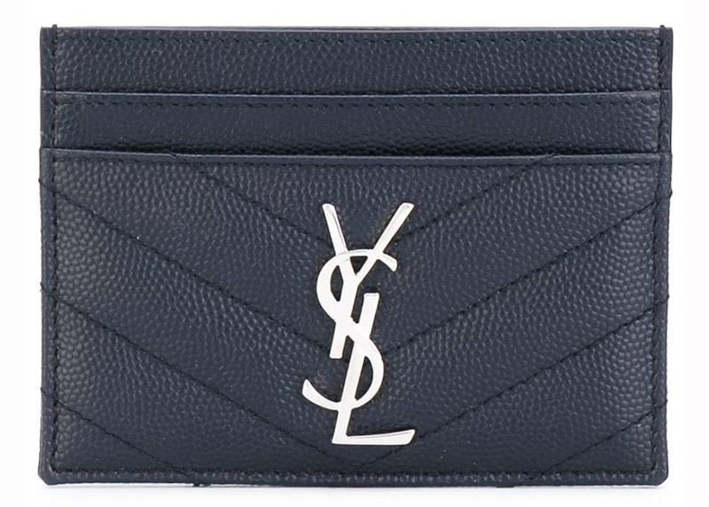 Saint Laurent Card Case Matelasse Grain de Poudre Silver-tone Navy