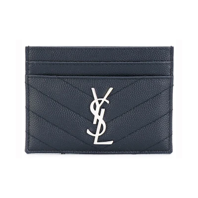 Saint Laurent Card Case Matelasse Grain de Poudre Silver-tone Navy