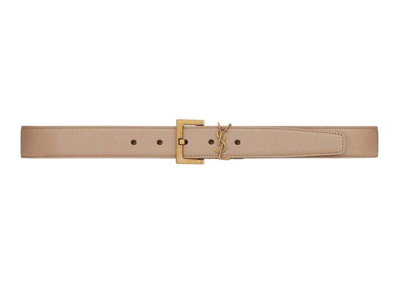 Saint Laurent Cassandre Belt With Square Buckle In Shiny Box Saint Laurent Leather Dark Beige