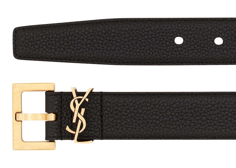 Order Saint Laurent Cassandre Tali Pinggang Gesper Petak Kulit Hitam Berbutir