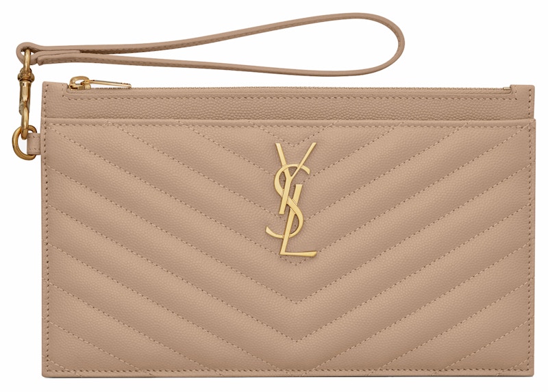 Saint Laurent Cassandre Matelasse Large Bill Pouch In Quilted Embossed Leather Dark Beige