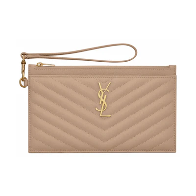 Saint Laurent Cassandre Matelasse Large Bill Pouch In Quilted Embossed Leather Dark Beige