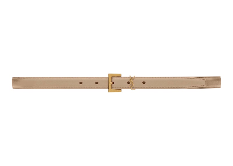 Saint Laurent Cassandre Thin Belt with Square Buckle in Box Saint Laurent Leather Dark Beige