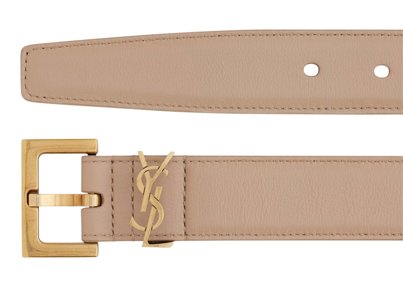 Order Tali Pinggang Nipis Saint Laurent Cassandre Gelap Beige dengan Gesper Empat Segi.