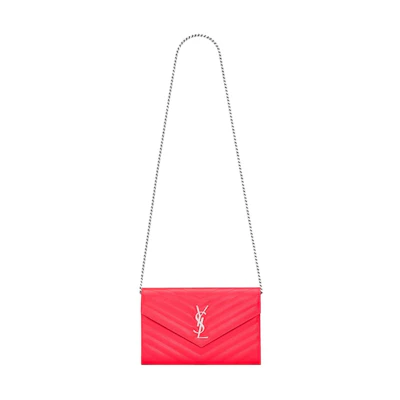 Saint Laurent Chain Wallet Monogram Grain de Poudre Embossed Patent Leather Neon Pink