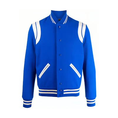 SAINT LAURENT Contrast Striped Button-Up Baseball Jacket - Blue. 354718Y180W4011