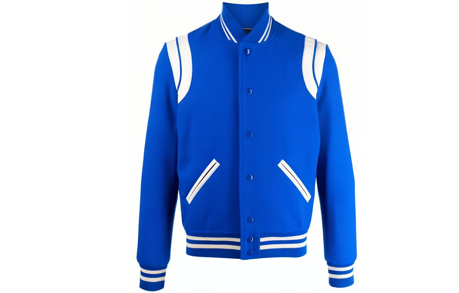 Order SAINT LAURENT Contrast Striped Button-Up Baseball Jacket - Blue. 354718Y180W4011