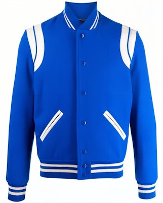 SAINT LAURENT Contrast Striped Button-Up Baseball Jacket - Blue. 354718Y180W4011 Order SAINT LAURENT Contrast Striped Button-Up Baseball Jacket - Blue. 354718Y180W4011