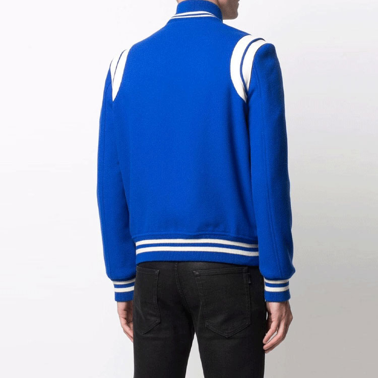 Lookbook SAINT LAURENT Contrast Striped Button-Up Baseball Jacket - Blue. 354718Y180W4011