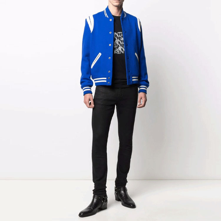 Shop SAINT LAURENT Contrast Striped Button-Up Baseball Jacket - Blue. 354718Y180W4011