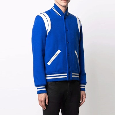 SAINT LAURENT Contrast Striped Button-Up Baseball Jacket - Blue. 354718Y180W4011 Sizing SAINT LAURENT Contrast Striped Button-Up Baseball Jacket - Blue. 354718Y180W4011