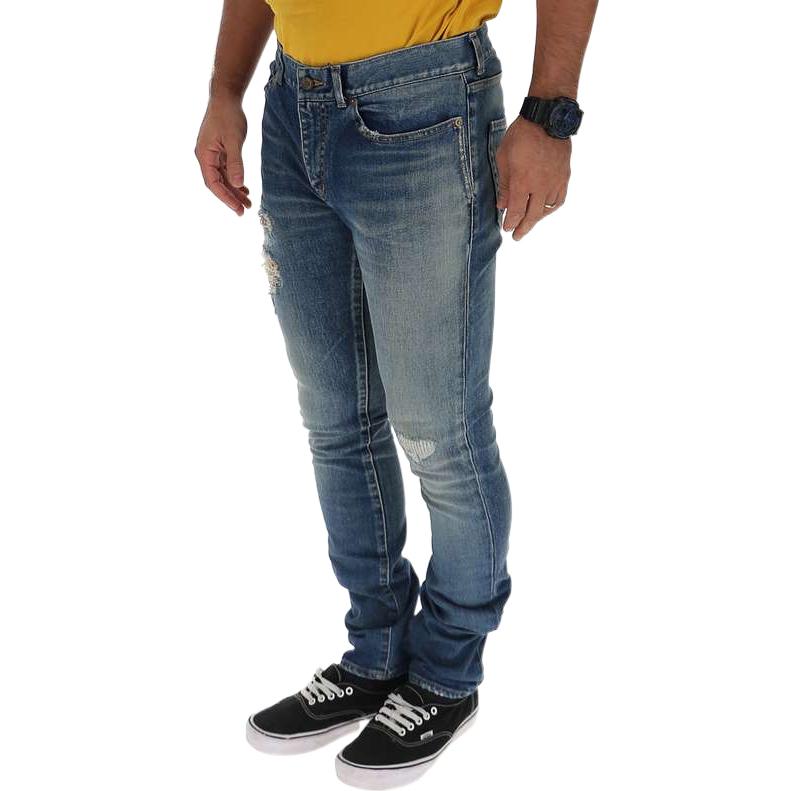 Shop 圣罗兰男士蓝色做旧直筒牛仔裤 578962YA5074781