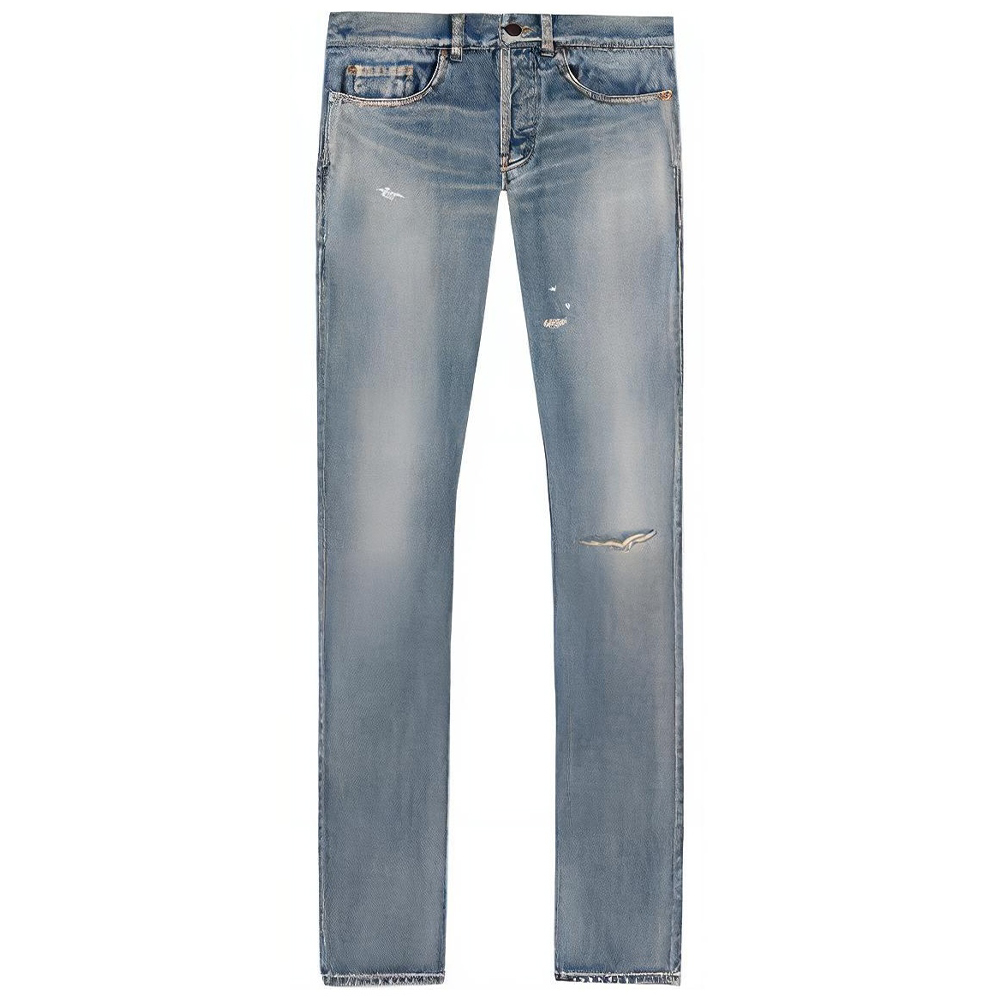 Saint Laurent Distressed Washed Logo Denim Jeans in Blue. 597052YM3724568