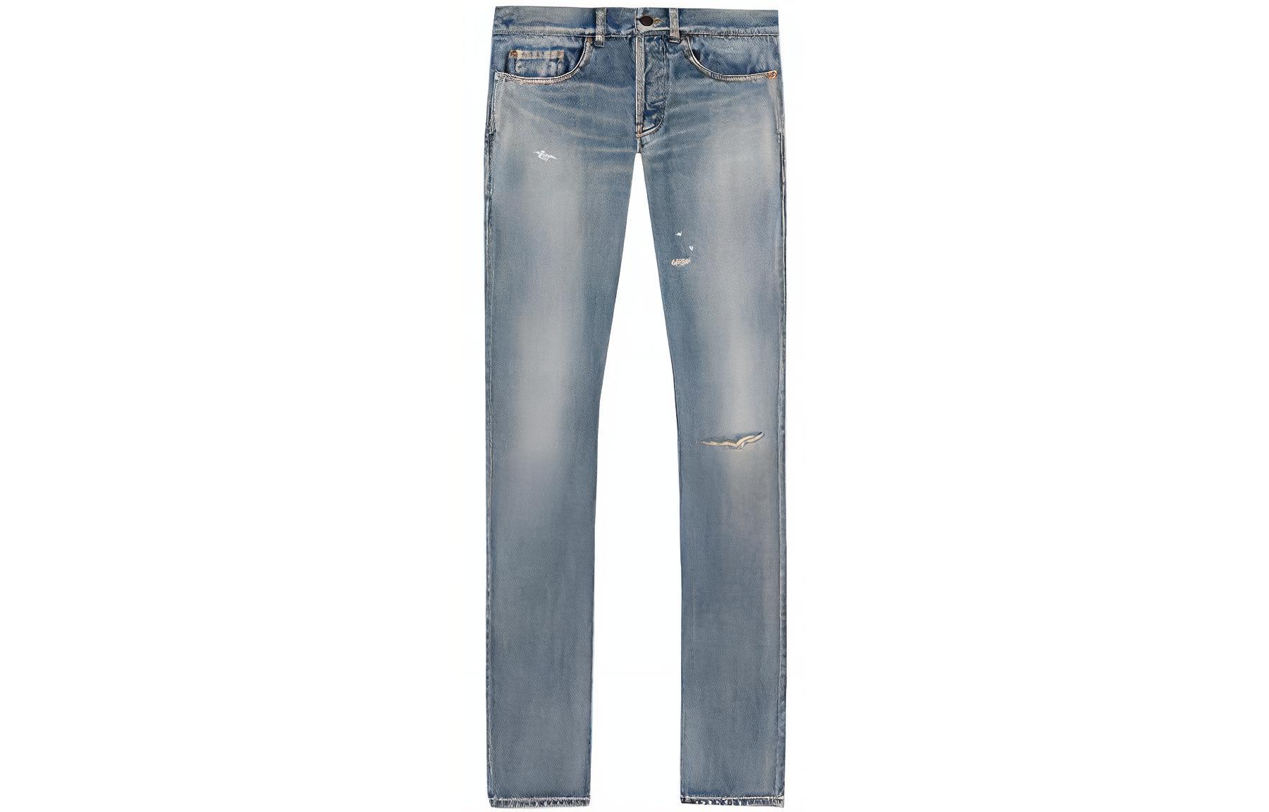 Order Saint Laurent Distressed Washed Logo Denim Jeans in Blue. 597052YM3724568