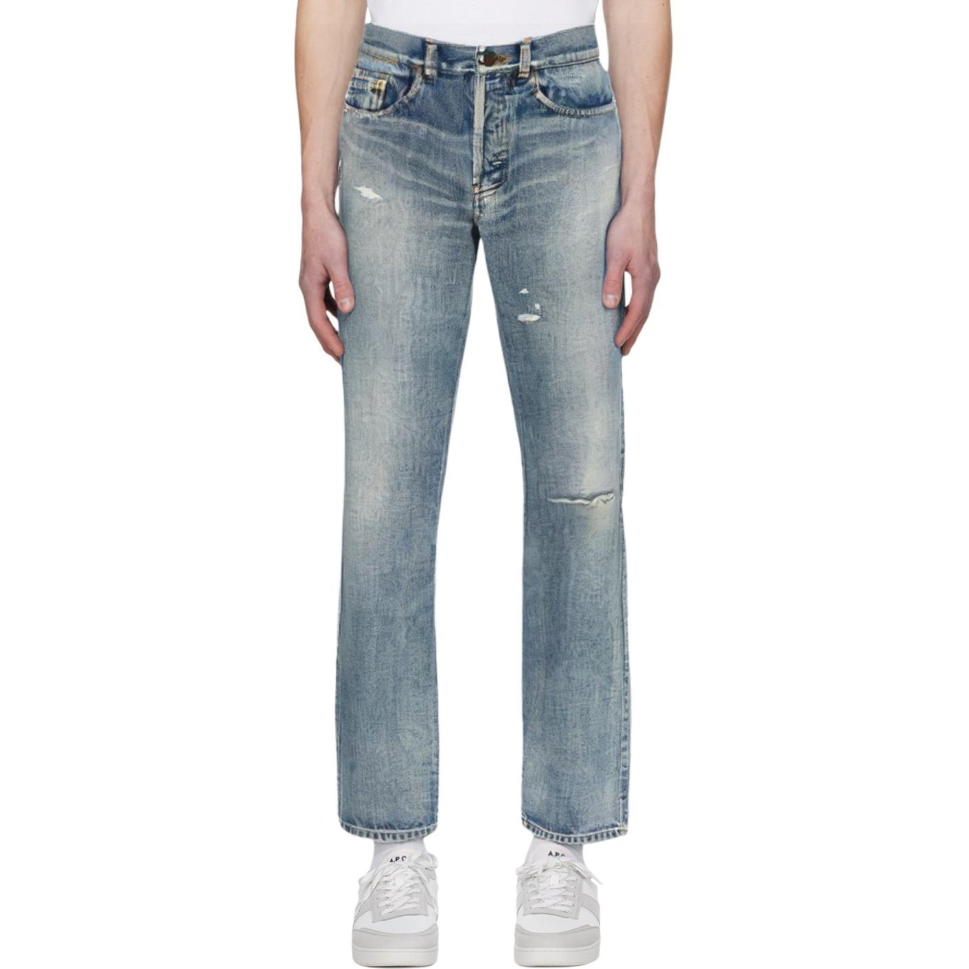 Shop Saint Laurent Distressed Washed Logo Denim Jeans in Blue. 597052YM3724568
