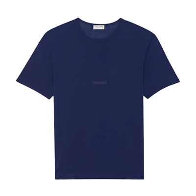 SAINT LAURENT Embroidered Blue Crew Neck T-Shirt for Men. 749102Y37IL4573