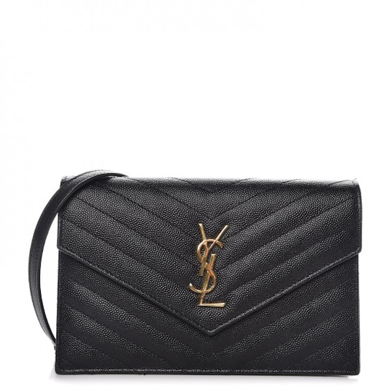 Saint Laurent Envelope Chain Wallet Matelasse Chevron Grain De Poudre Black