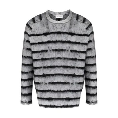 SAINT LAURENT FW21 Gray Striped Wool Knit Pullover Sweater 665838Y75BX1073