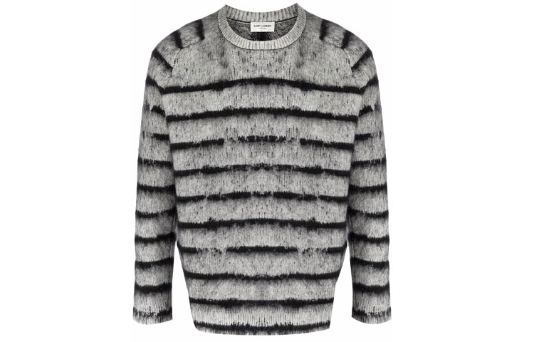 Order SAINT LAURENT FW21 Gray Striped Wool Knit Pullover Sweater 665838Y75BX1073