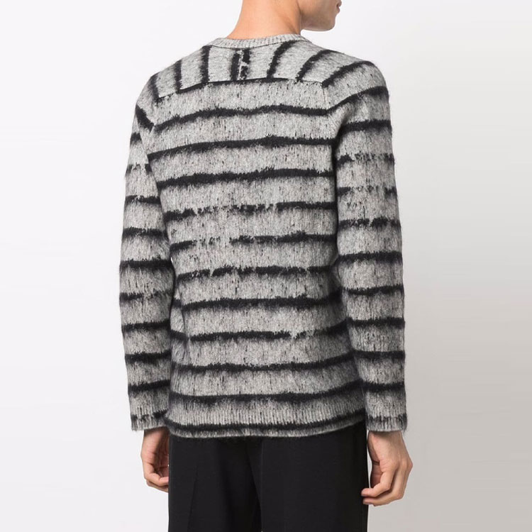 Shop SAINT LAURENT FW21 Gray Striped Wool Knit Pullover Sweater 665838Y75BX1073