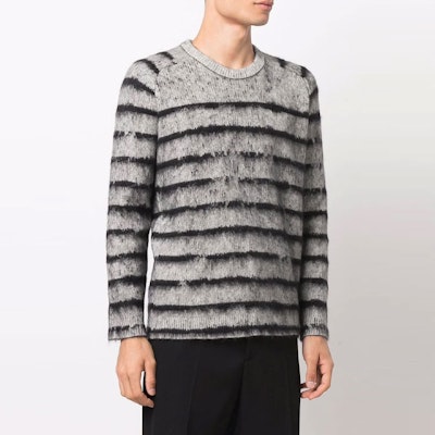 SAINT LAURENT FW21 Gray Striped Wool Knit Pullover Sweater 665838Y75BX1073 Purchase SAINT LAURENT FW21 Gray Striped Wool Knit Pullover Sweater 665838Y75BX1073