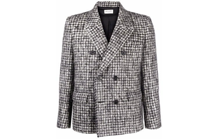 Saint Laurent FW21 Houndstooth Double-Breasted Blazer Jacket Men Grey 650008Y1D709787