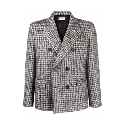Saint Laurent FW21 Houndstooth Double-Breasted Blazer Jacket Men Grey 650008Y1D709787