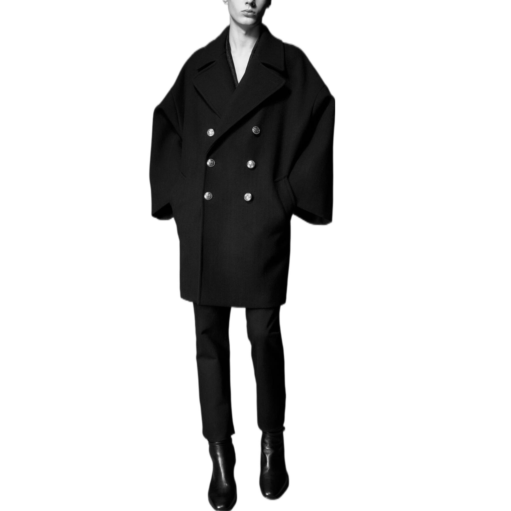 Shop SAINT LAURENT FW22  Double-Breasted Peacoat Black. 701144Y2F621000