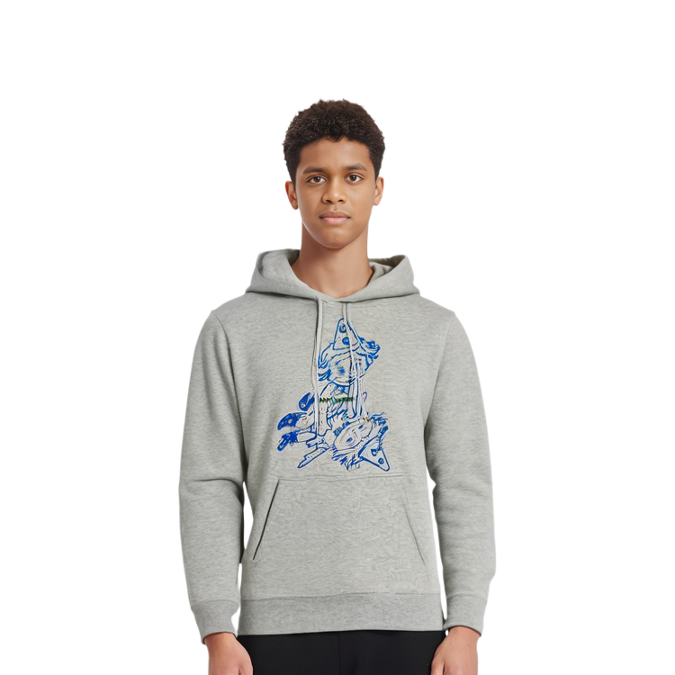 Shop SAINT LAURENT FW22  Grey Printed Pattern Hooded Pullover Hoodie. 708469Y37BI1445