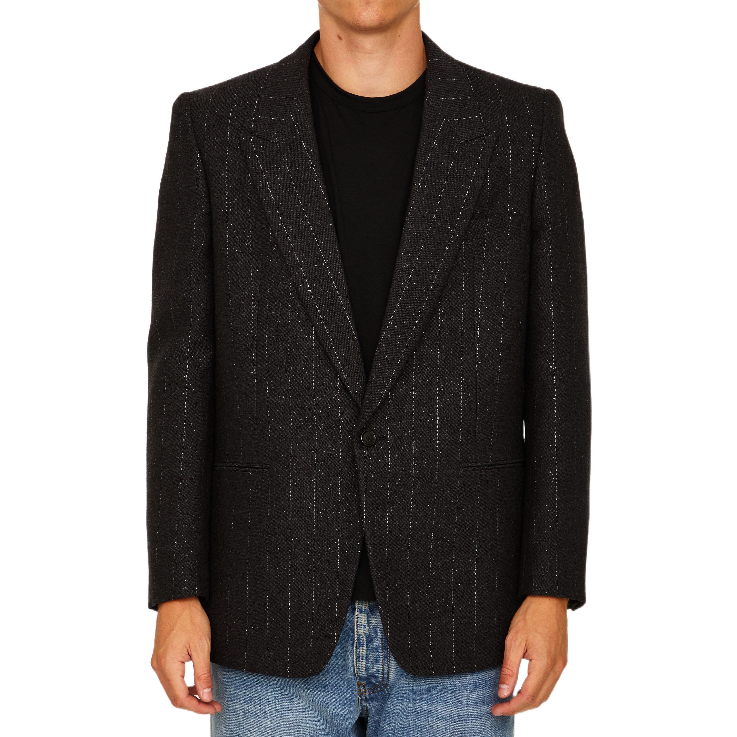 Shop SAINT LAURENT 秋冬22條紋單扣V領西裝外套 深灰色 705935Y1F108105