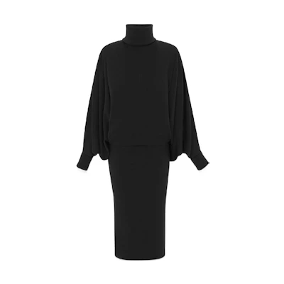 SAINT LAURENT FW22 Black Solid High Neck Long Sleeve Dress with Cinched Hem 709455Y3B201000
