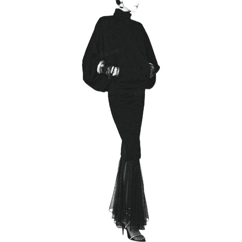 Shop SAINT LAURENT FW22 黑色高領長袖束腰連衣裙 709455Y3B201000