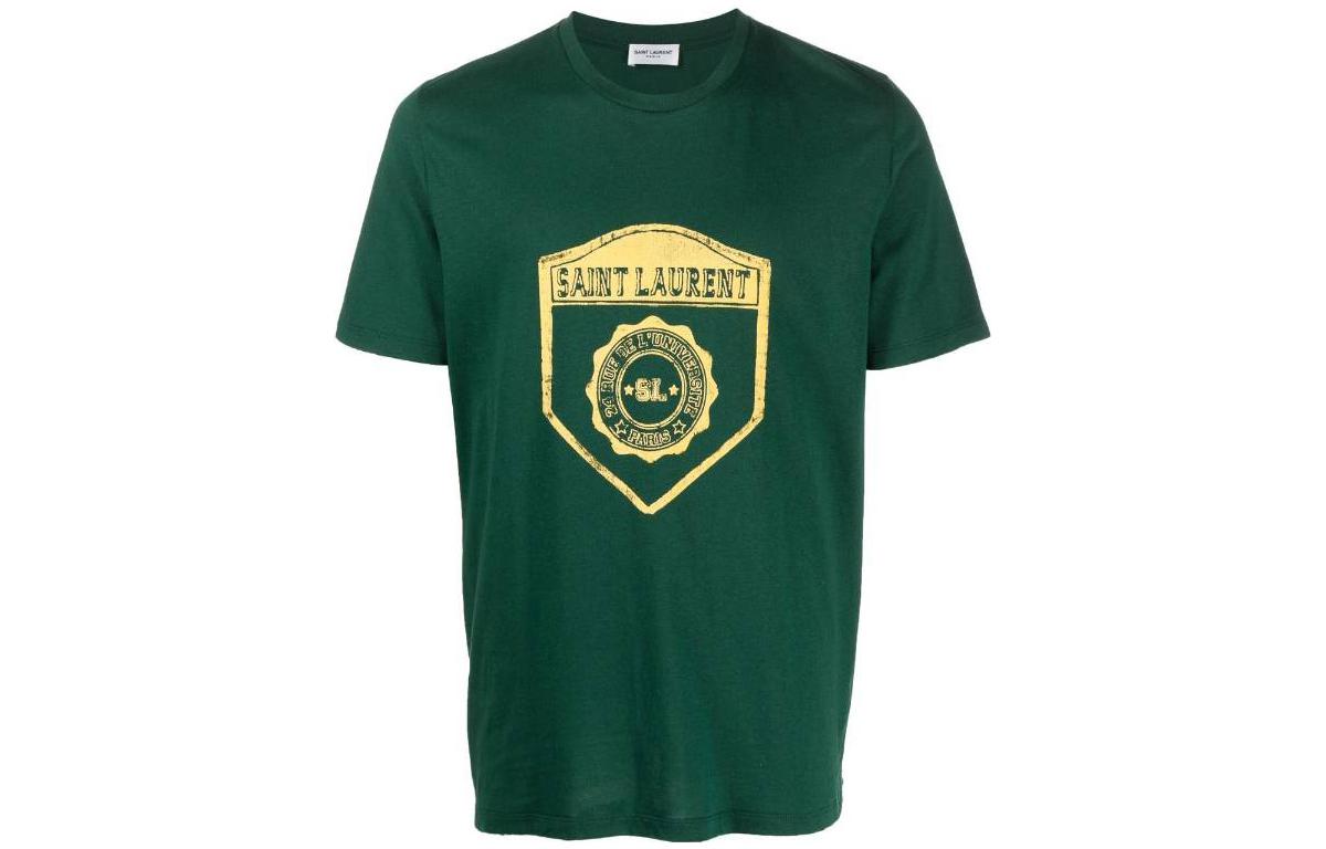 SAINT LAURENT FW22 Green Badge Print Crewneck Short Sleeve T-Shirt Men 686609Y36RO3842