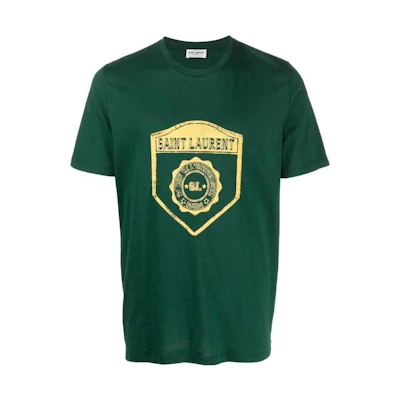 SAINT LAURENT FW22 Green Badge Print Crewneck Short Sleeve T-Shirt Men 686609Y36RO3842
